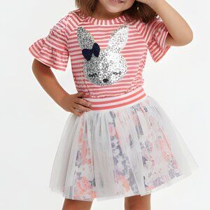 Easter Spring Outfit ZUNIE Girls Coral Stripe Bunny Applique Top & Skort sz 5